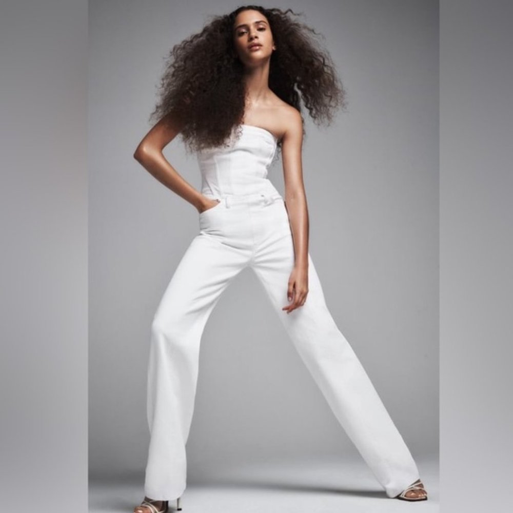 Zara White Denim Corset Strapless Jumpsuit